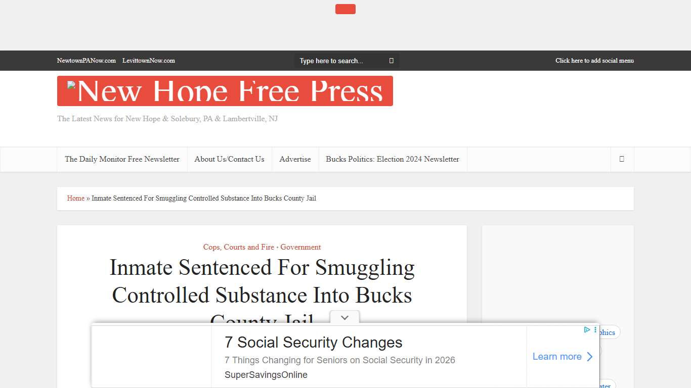 Inmate Sentenced For Smuggling Controlled Substance Into Bucks County Jail - New Hope Free Press